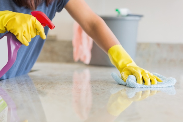 Kitchen counter being cleaned by woman